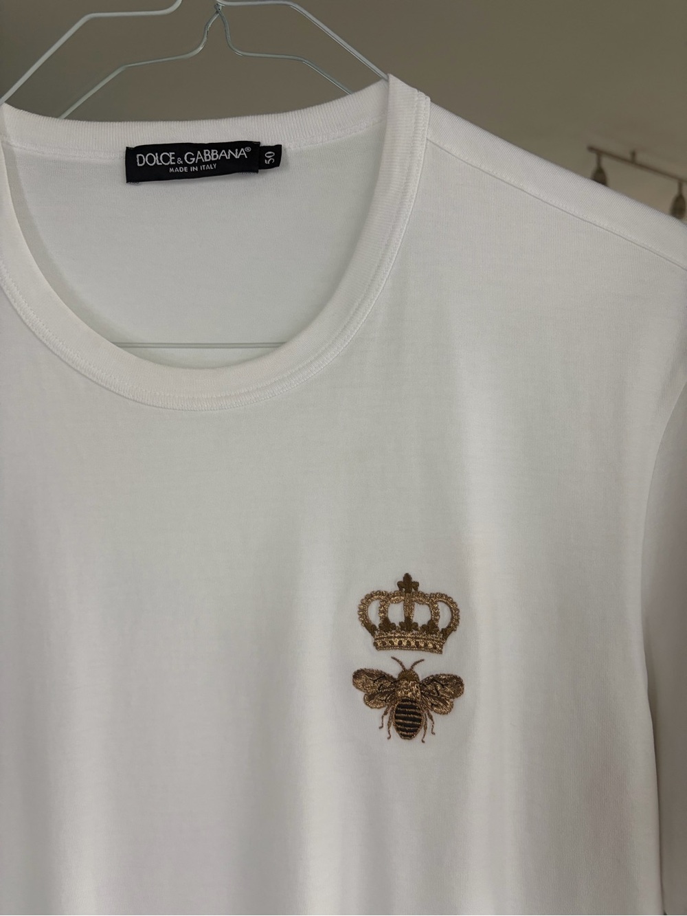 Dolce & Gabbana White Tee with Gold Crown & Bee Embroidery